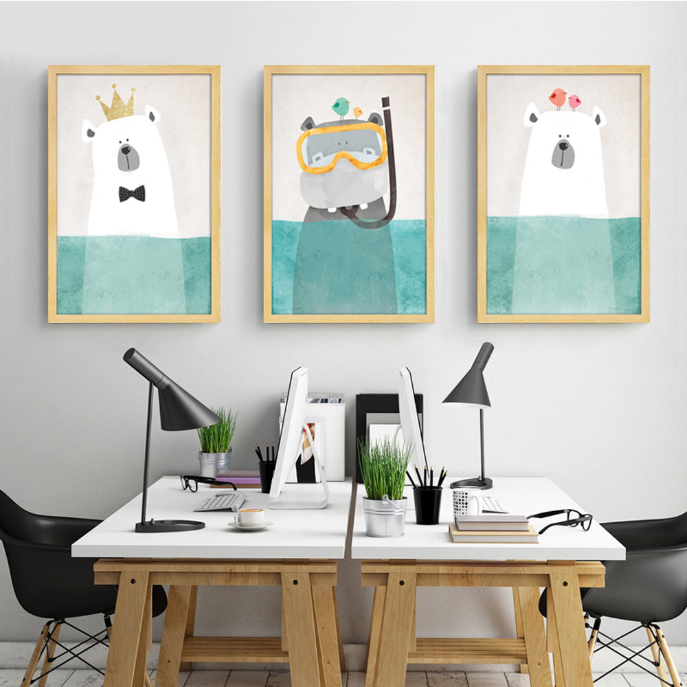 Modern Canvas Painting Art Nordic Kawaii Animals Bear Hippo Poster Print Nursery Wall Art Picture , No Frame Kids Room Decor