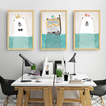 Modern Canvas Painting Art Nordic Kawaii Animals Bear Hippo Poster Print Nursery Wall Art Picture , No Frame Kids Room Decor