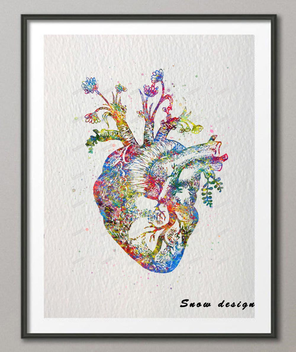 Original watercolor Human Heart canvas painting Organ wall art poster print Pictures