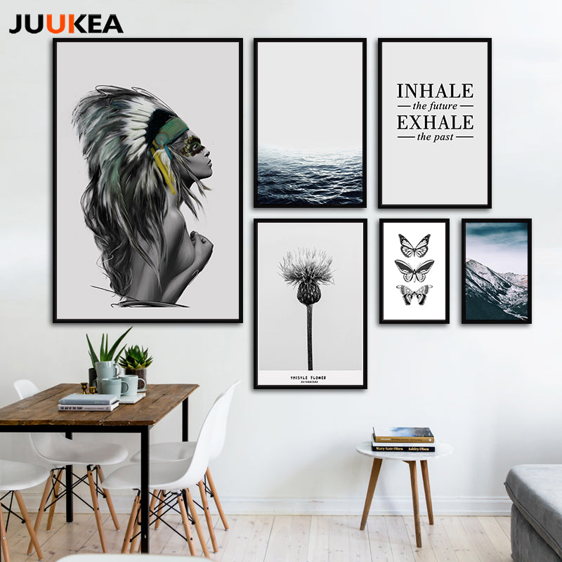 Fashion Landscape Posters Canvas Art Print Painting Wall Pictures For Living Room Nordic Beautiful Girl Butterfly Ocean Plant