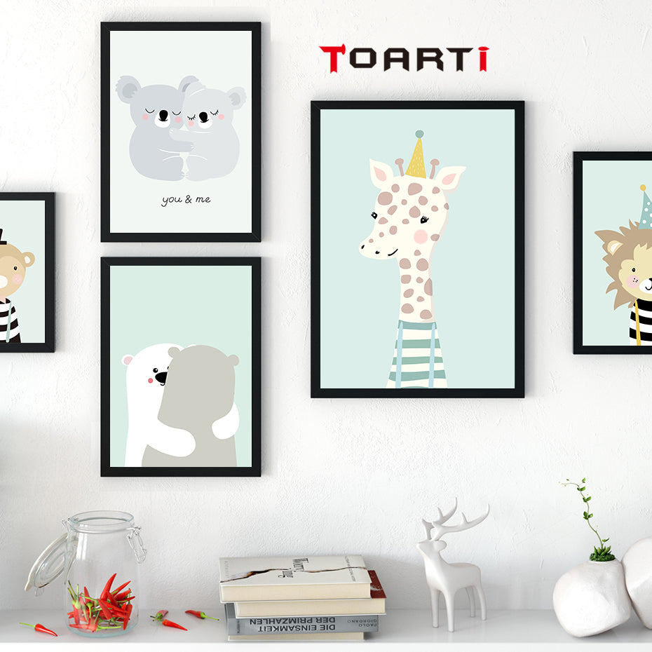 Cartoon Animal Cute Deer Bear Nordic Dog Wall Art Posters And Prints Canvas Painting